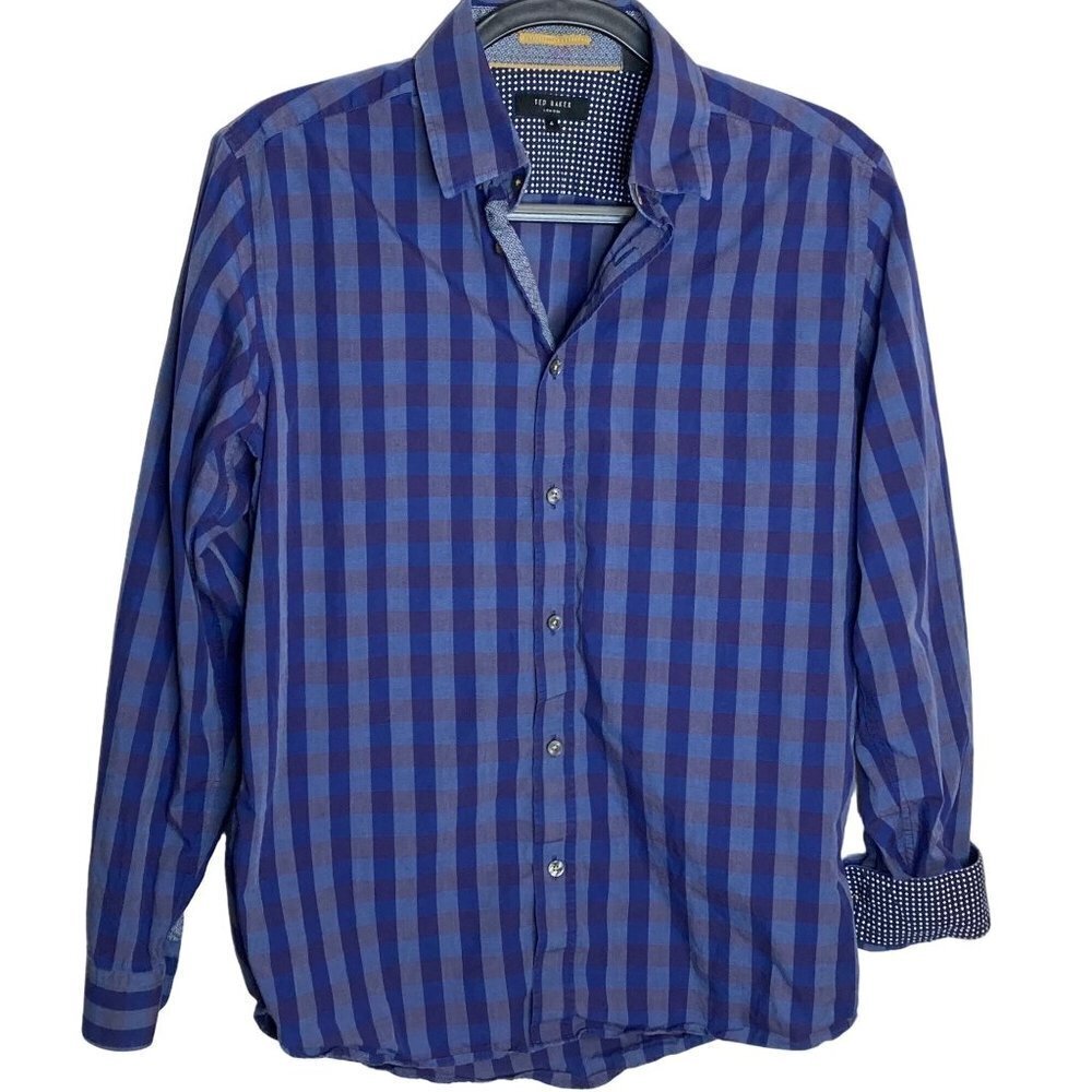 Ted Baker Newbro Flip Cuff Button Shirt Blue‎ Plaid Cotton US M / L  Sz 4 READ